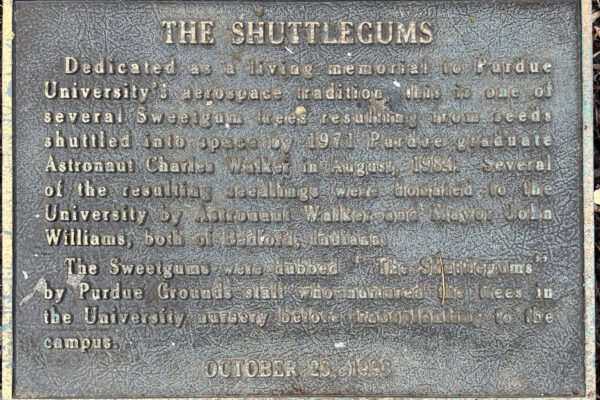 Plaque that says 'Dedicated as a living memorial to Purdue University's aerospace tradition, this is one of the several Sweetgum trees resulting from seeds shuttled into space by 1971 Purdue graduate Astronaut Charles Walker in August, 1984. Several of the resulting seedlings were donated to the University by Astronaut Walker and Mayor John Williams, both of Bedford, Indiana. The Sweetgums were dubbed `The Shuttlegums` by Purdue Grounds staff who nurtured the trees in the University nursery before transplanting to he Campus. October 23, 1993'