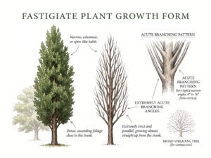 Having an upright branching habit. Sometimes the upward sloping branches can look like they’re part of a single column.