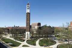 elevated views of Bell Tower and Hovde. Engineering Mall
